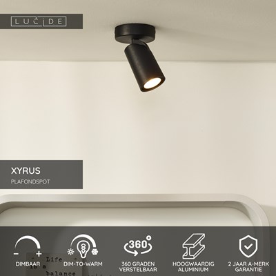 Lucide XYRUS - Plafondspot - Ø 9 cm - LED Dim to warm - GU10 - 1x5W 2200K/3000K - Zwart